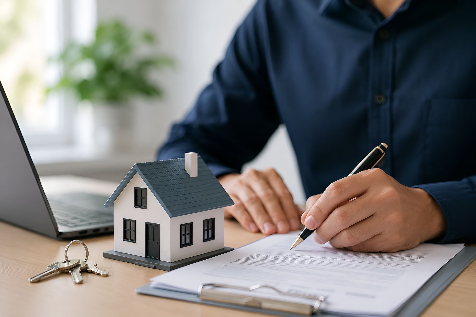 Agente inmobiliario conversando con una pareja de propietarios en una vivienda, concepto visual editorial.